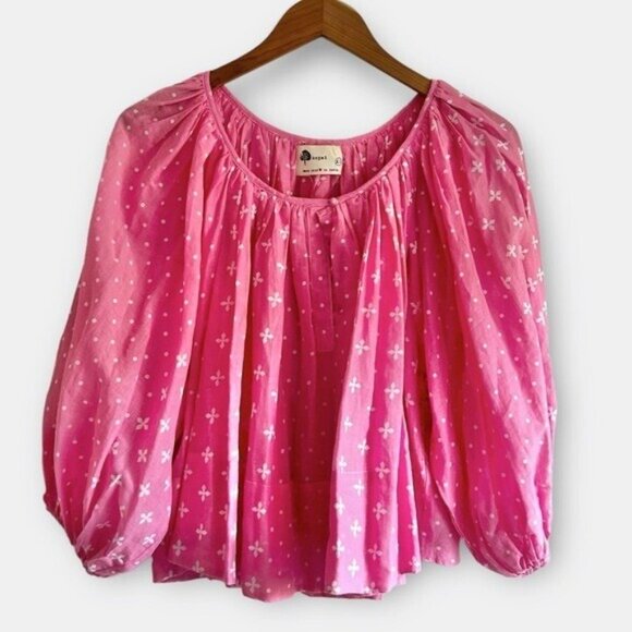 ANTHROPOLOGIE KOPAL Sz XS Luma Peasant Blouse Pink Puff Sleeves Cotton Boho - Picture 1 of 8
